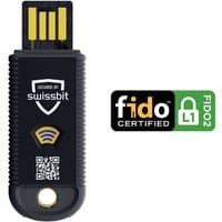 Black Swissbit iShield Key 1.1 Pro USB-A with yellow contacts, FIDO certified logo, and QR code on the front.