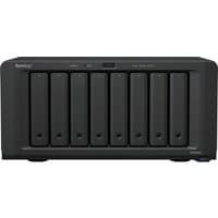 Black Synology DiskStation DS1823xs+ NAS tower with eight drive bays, Ryzen logo, and front control panel.