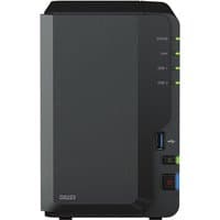 Black Synology DiskStation DS223 NAS Mini Tower with LED indicators, USB port, and power button on front panel.
