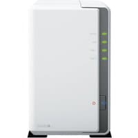 White Synology DiskStation DS223J NAS with vertical LED indicators and sleek design, featuring 8 TB storage capacity.