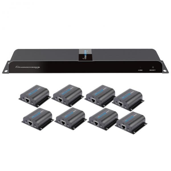 Black AV extender unit with a sleek design, featuring a central transmitter and receiver, accompanied by eight compact gray receivers, all with blue indicator lights.