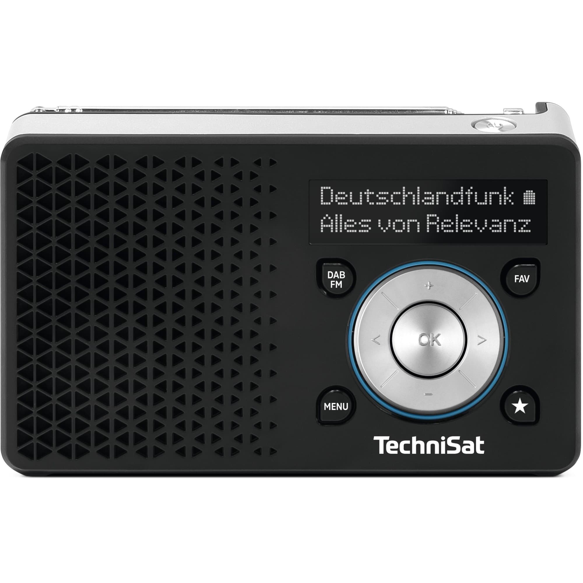 Portable TechniSat DIGITRADIO 1 in black and silver, featuring a textured front, a circular control knob, digital display, and buttons for menu and favorites.