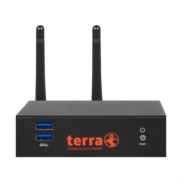 Black desktop hardware firewall with two antennas, featuring USB ports, a power button, and the "TERRA BLACK DWARF" logo in orange.