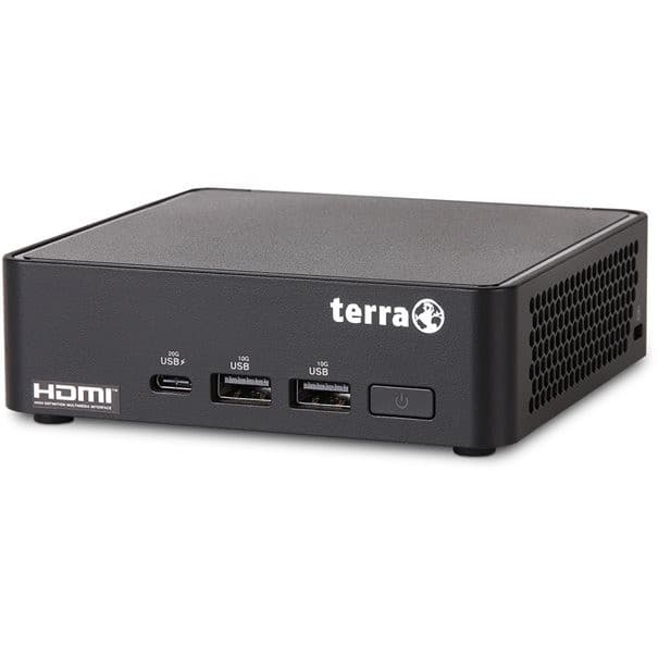 Compact black computer unit with a textured top, featuring multiple USB ports, HDMI output, and a power button, labeled with the TERRA logo.