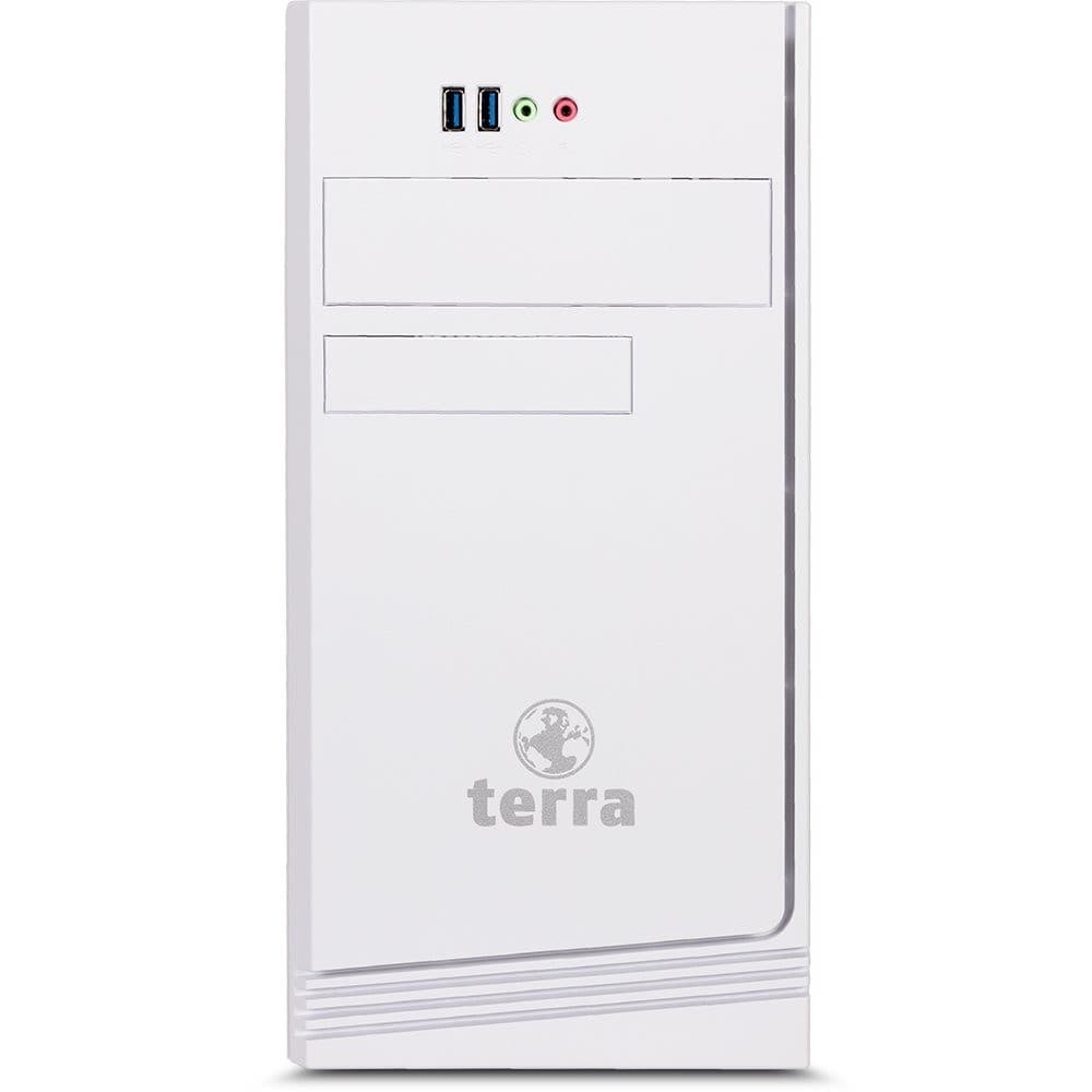 White desktop PC tower featuring TERRA logo, two USB 3.0 ports, audio jacks, and a sleek design with a smooth front panel and minimalistic aesthetic.