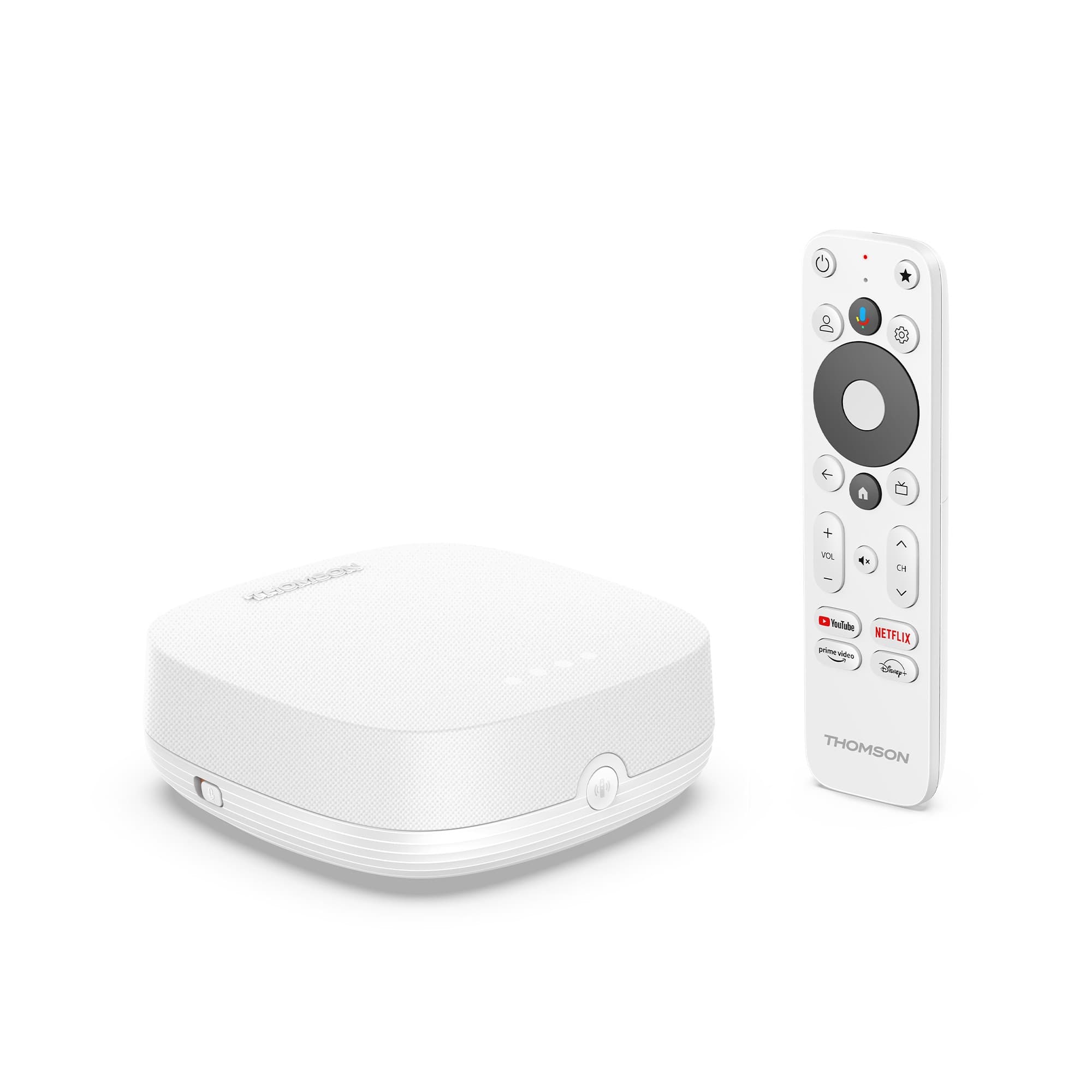 Thomson BOX PLUS 270G in white, featuring a sleek design with rounded edges, accompanied by a remote control with buttons for Netflix and other functions.