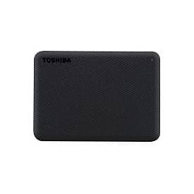 Toshiba Canvio Advance 1 TB external hard drive in sleek black with a textured surface, featuring the Toshiba logo on the top and a compact 2.5-inch design.