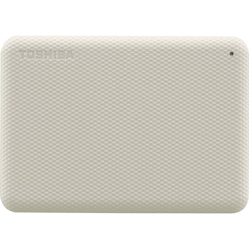 Toshiba Canvio Advance 2 TB external hard drive in white, featuring a textured surface with a subtle grid pattern and a small LED indicator light.