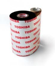 Black printer ribbon roll with a white label featuring red "TOSHIBA" branding, measuring 134mm x 600m, designed for use in Toshiba printers.