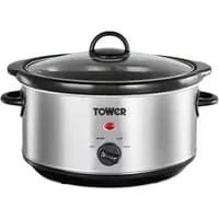 Stainless steel Tower 3.5L slow cooker with black handles, glass lid, and front control dial.