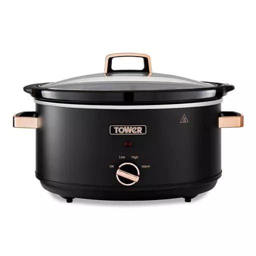 Black and rose gold Tower T16043BLK Cavaletto 6.5L slow cooker featuring a glass lid, control dial, and a sleek design with low and high heat settings.