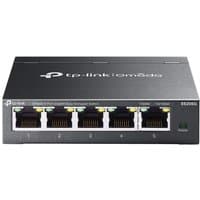 Black TP-Link Omada 5-Port Gigabit Switch with LED indicators and numbered Ethernet ports on the front panel.
