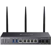 Black TP-Link Omada AX3000 router with three antennas, multiple Ethernet ports, and LED indicators.