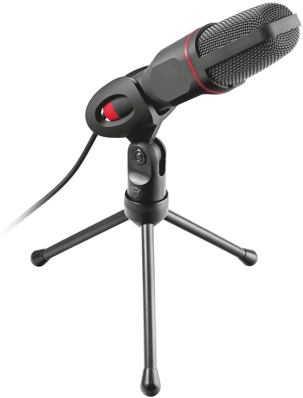 Black USB microphone with a textured mesh grille, red accents, and a sturdy black tripod stand, designed for clear audio capture.
