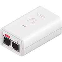 White Ubiquiti PoE adapter with dual Ethernet ports, LED indicators, and 24V power input.