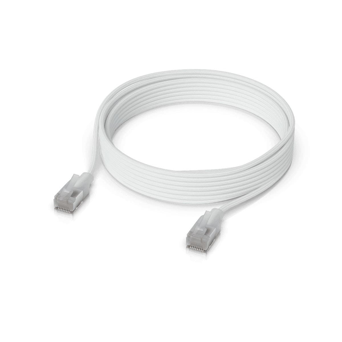 Translucent white networking cable, 3 meters long, featuring two clear connectors at each end, designed for high-speed data transmission.