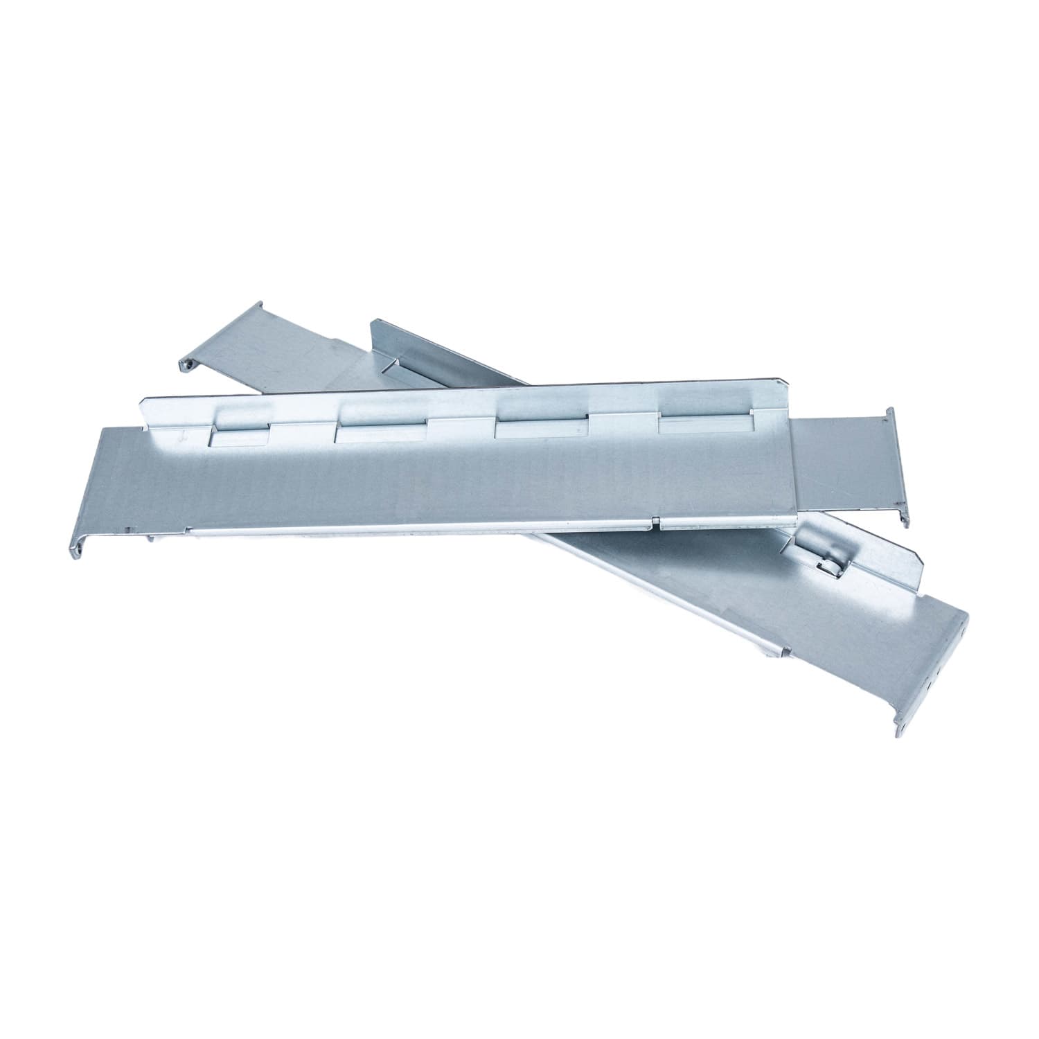Three metallic silver rail accessories designed for UPS systems, featuring a sleek, flat design with multiple slots for easy installation and secure attachment.