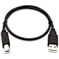 Black V7 USB cable with USB 2.0 A male to USB 2.0 B male connectors, 0.5m length, coiled in a loop.