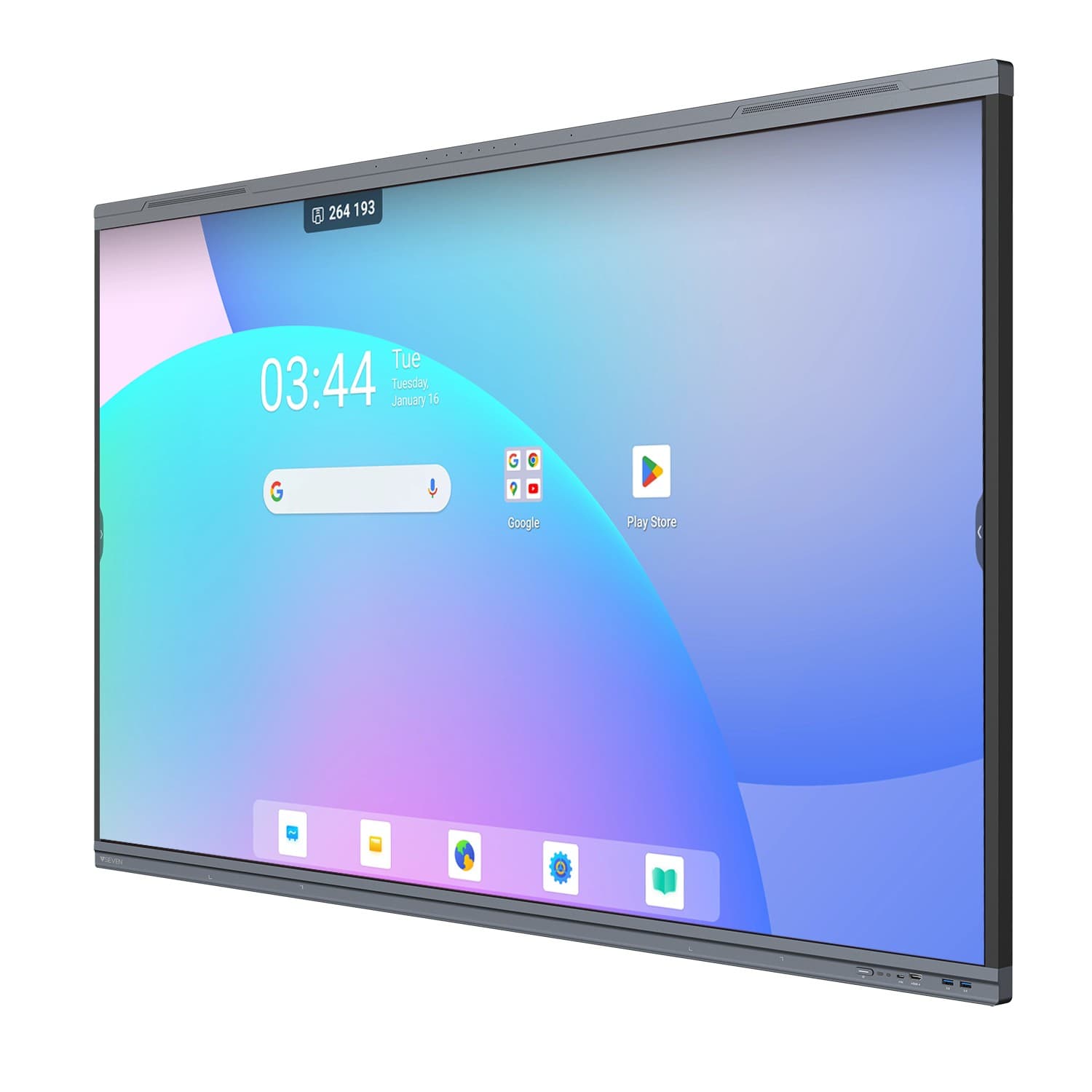 75-inch V7 IFP7503-V7PRO interactive display featuring a sleek black frame, 4K resolution, Android 13 interface, and a vibrant blue and purple gradient background.