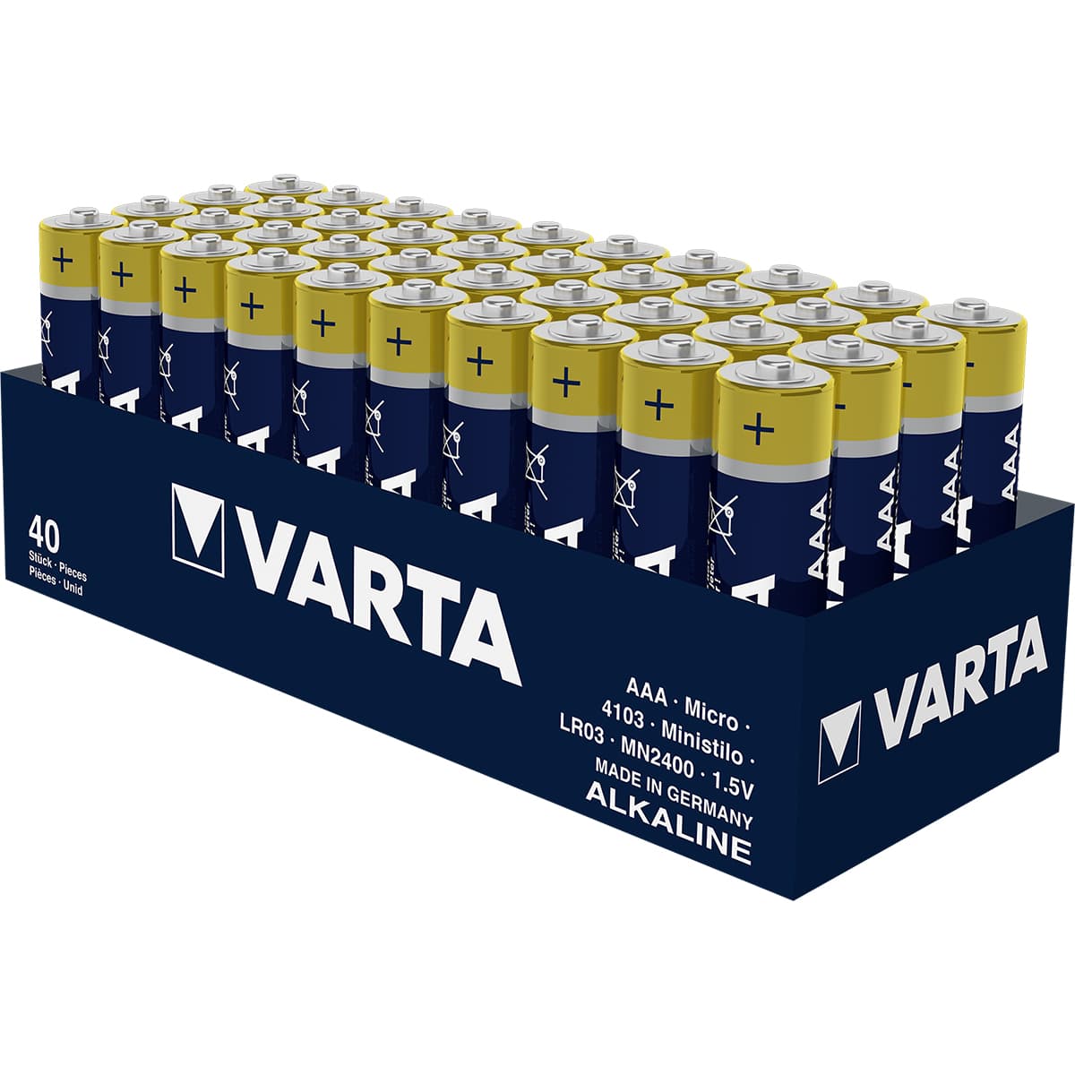 Varta AAA alkaline batteries in a blue and yellow box, featuring 40 single-use batteries with clear labels indicating type and voltage, arranged neatly in rows.