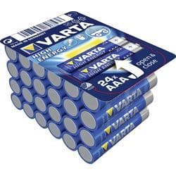 Varta Alcaline Longlife Power batteries in a pack of 24, featuring a blue and white design with "High Energy" label, cylindrical shape, and clear labeling for AAA size.