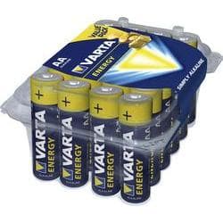 Varta Alkaline AA batteries in a 24-pack, featuring a blue and yellow design with a clear plastic packaging, labeled "VARTA ENERGY" for single-use applications.
