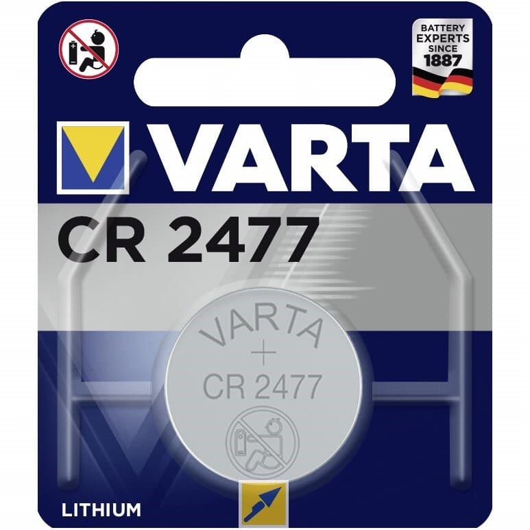 Varta CR2477 coin cell battery in a blue and white packaging, featuring a silver battery with "VARTA CR 2477" printed on it, highlighting its 3V and 850mAh specifications.