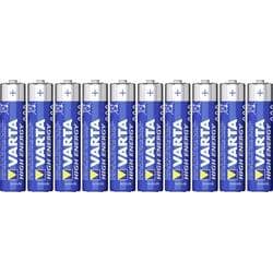 Ten Varta High Energy Alkaline AAA 1.5V batteries arranged in a row, featuring a blue and yellow design with clear labeling and a metallic top.