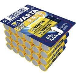 Varta LONGLIFE AAA batteries in a pack of 24, featuring a blue and yellow design with the brand name prominently displayed, each battery labeled with 1.5V and alkali-manganese specifications.