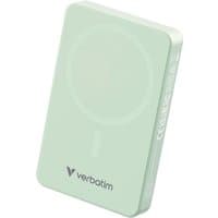 Green Verbatim magnetic wireless power bank, 10000 mAh, with rounded edges and Verbatim logo on the front.