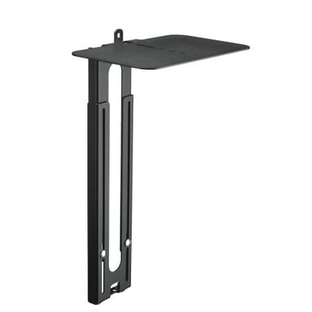 Black metal camera and loudspeaker holder with a flat shelf and vertical support, featuring multiple mounting holes for adjustable positioning.