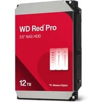 Red and silver Western Digital Red Pro 12 TB 3.5" internal hard drive with black edges and WD logo.
