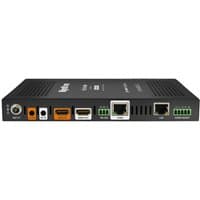 Black WyreStorm 4K60 transceiver with multiple ports, including HDMI, Ethernet, and power input, compact design.