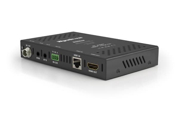 WyreStorm RX-35-POH AV Extender in black, featuring HDMI out, RS-232, Ethernet, and IR ports, with a sleek, compact design and ventilation holes on the sides.