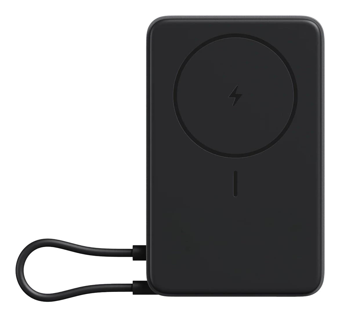 Black Xiaomi BHR08P9GL power bank featuring a smooth surface, circular wireless charging area with a lightning bolt symbol, and a convenient loop for portability.