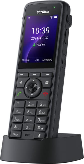 Yealink AX86R is a sleek black cordless phone with a color display, numeric keypad, and a charging dock, featuring a modern design for professional use.