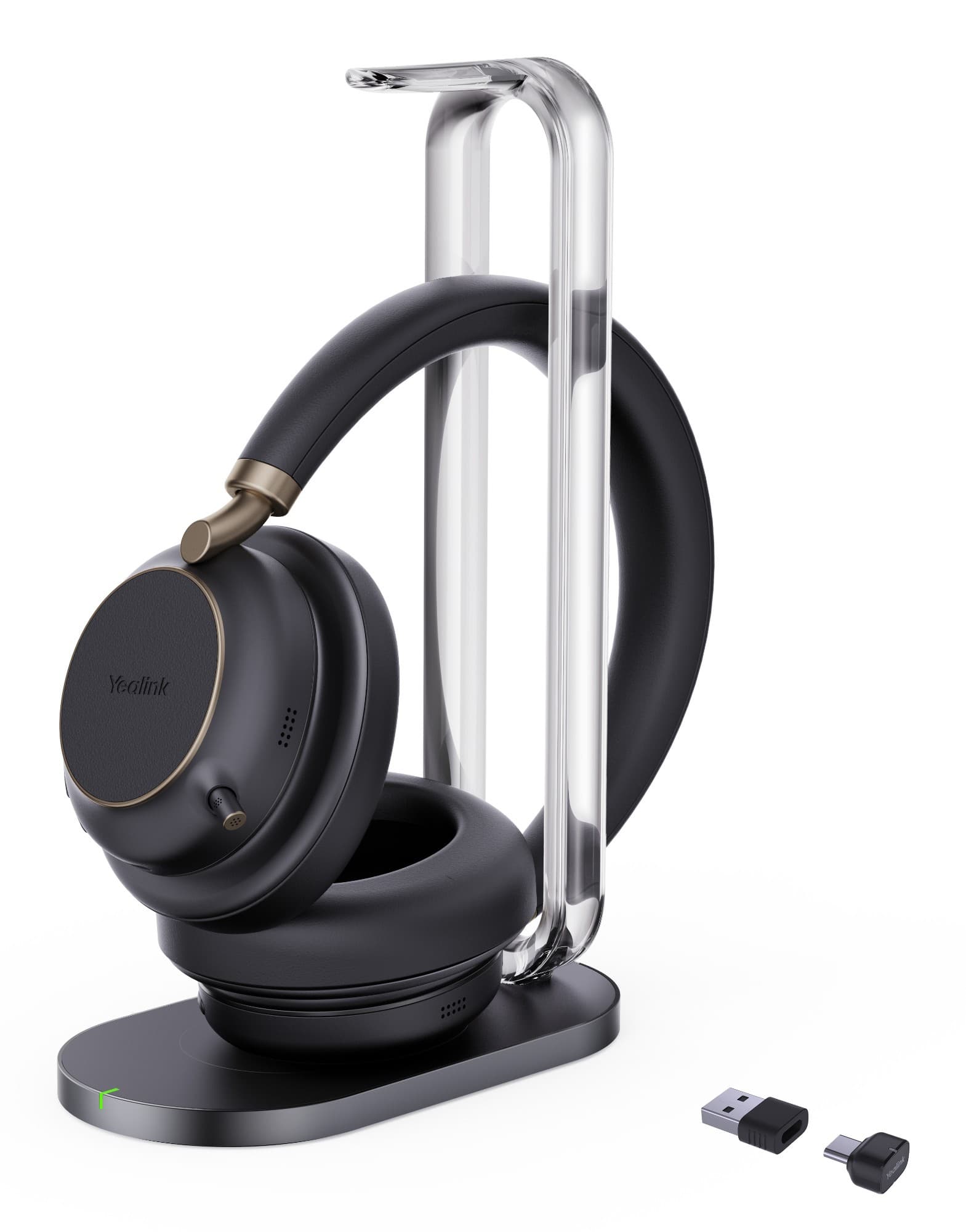 Yealink BH76 Plus headset in black with a sleek charging stand, featuring a cushioned ear cup, USB-C connection, and two wireless adapters for versatile connectivity.