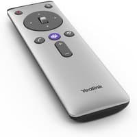 Yealink VCR20-MS camera remote, silver with black buttons, circular navigation pad, and purple central button.
