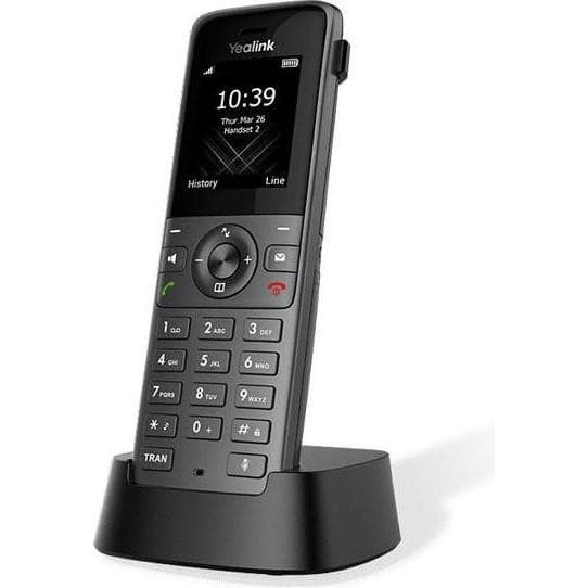 Yealink W73H IP phone in black with a sleek design, featuring a TFT display, numeric keypad, and a charging dock, supporting two lines for efficient communication.