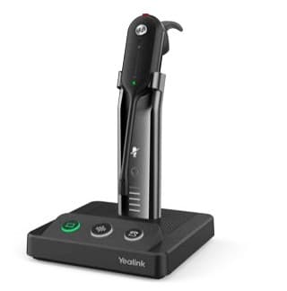 Yealink WH63 wireless headset with an ear-hook design, featuring a sleek black finish, charging base with button controls, and LED indicator lights.