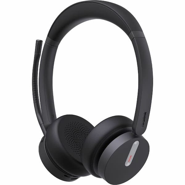 Black wireless headset with a sleek design, featuring soft ear cushions, a flexible microphone boom, and a single red button on the ear cup for easy controls.