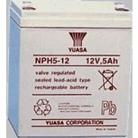 Gray Yuasa NPH5-12 sealed lead acid UPS battery, 12V, with red text and symbols on the front.