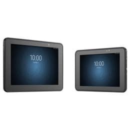Black Zebra RUGGED FRAME 10-inch tablet with a rugged IO cover, featuring a durable design suitable for tough environments, displaying a blue geometric background on the screen.