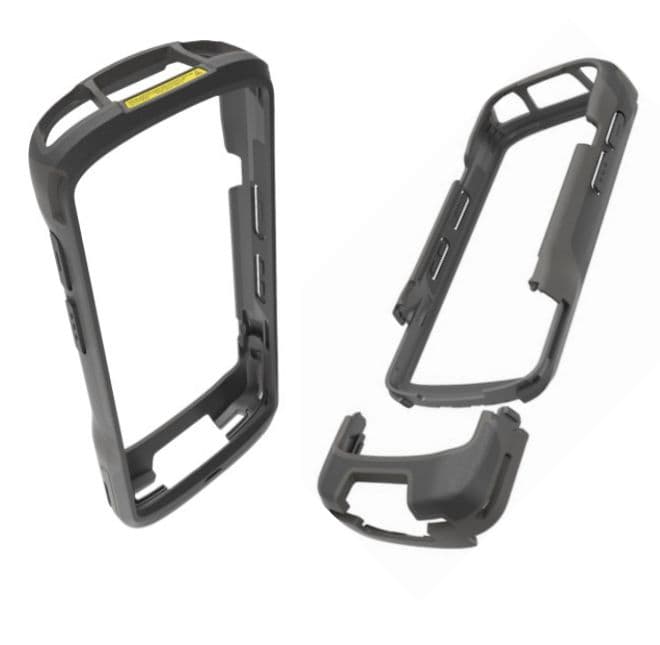 Black rugged handheld mobile computer case with a textured grip, featuring cutouts for buttons and ports, designed for Zebra SG-NGTC5EXO1-01 model, includes a removable bottom piece.