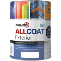 Zinsser AllCoat Exterior paint can, black, matt finish, 1L, with colorful building images on label.