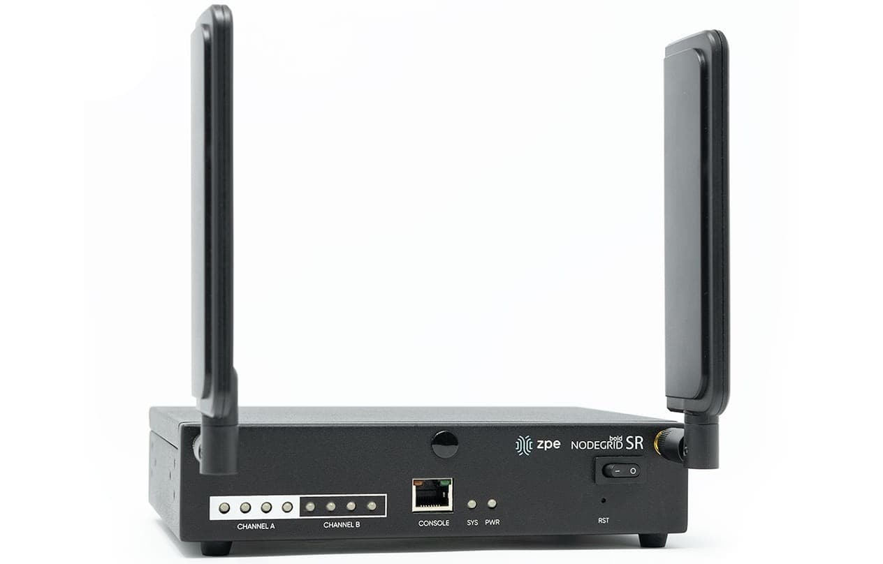 Black ZPE Nodegrid Bold SR device featuring 8 RJ45 serial ports, 5 GbE ports, dual antennas, and a sleek, compact design with LED indicators and a reset button.