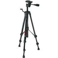 Black Bosch BT 150 tripod with adjustable legs, crank handle, and quick-release plate for professional building use.