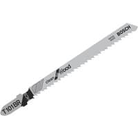 Bosch T101BR jigsaw blade, silver with black text, fine teeth, 100mm length, pack of 5 for wood cutting.