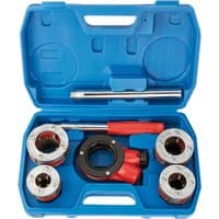 Blue Draper case with red-handled ratchet, silver pipe threading heads, and accessories in molded compartments.