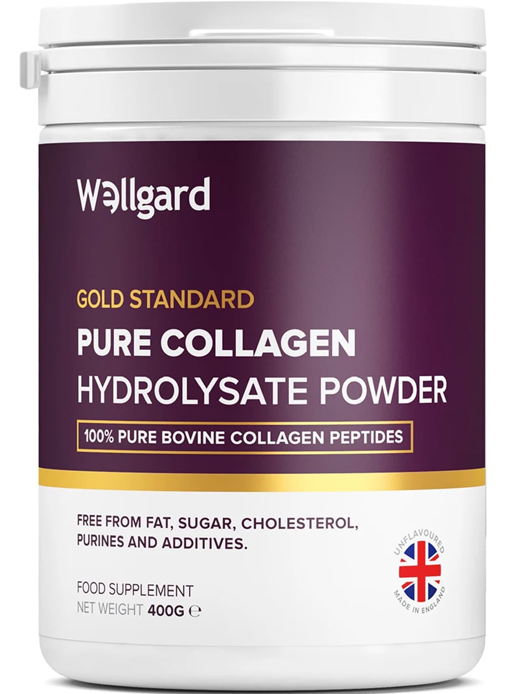 White container with a purple label, labeled "Gold Standard Pure Collagen Hydrolysate Powder," featuring a Union Jack emblem, 400g, highlighting it as a collagen supplement.
